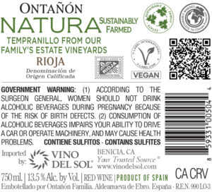 Icon of Tempranillo Natura Back Label