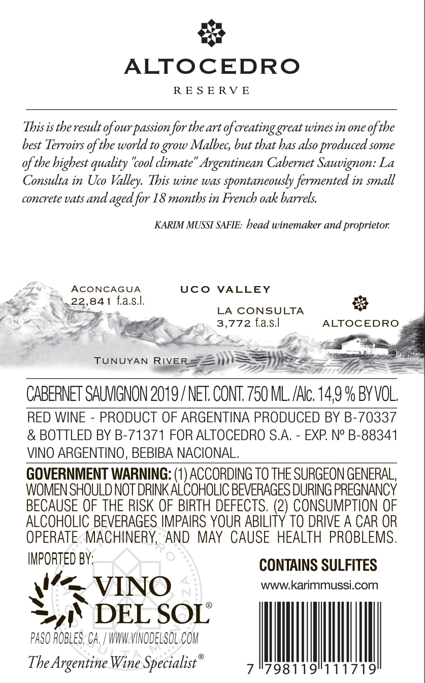 Cabernet Sauvignon Reserva Back Label