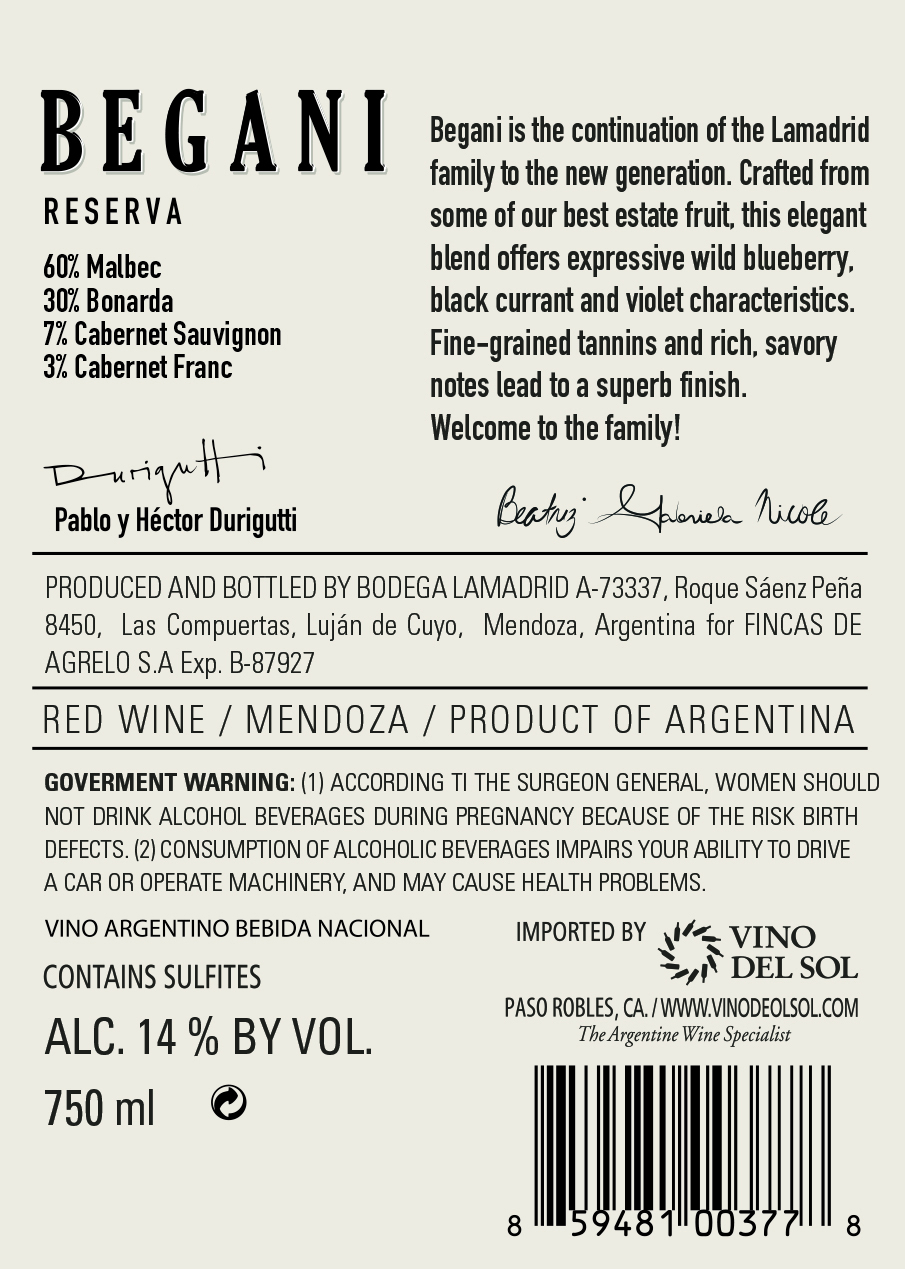 Begani Reserva Back Label