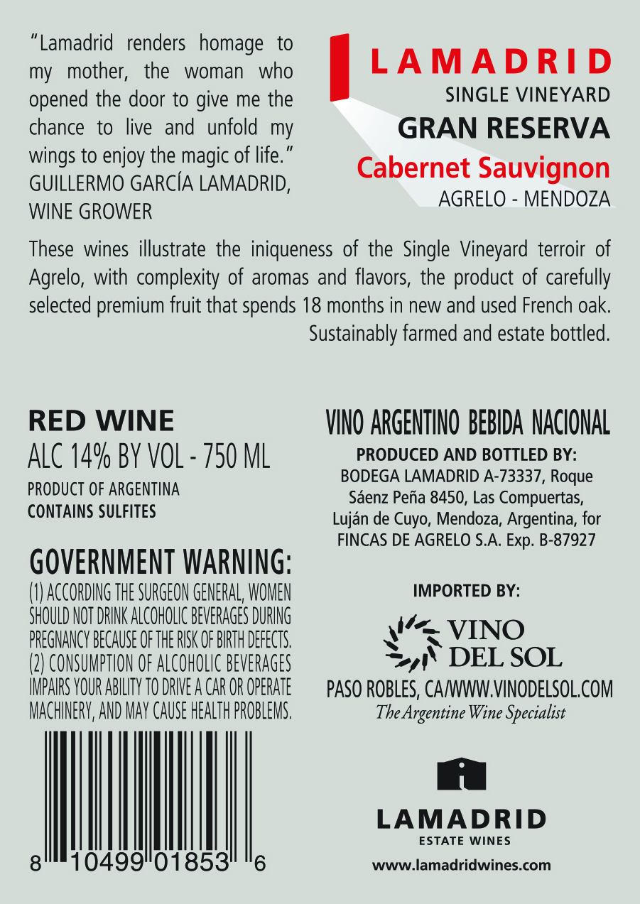 Cabernet Sauvignon Gran Reserva Back Label