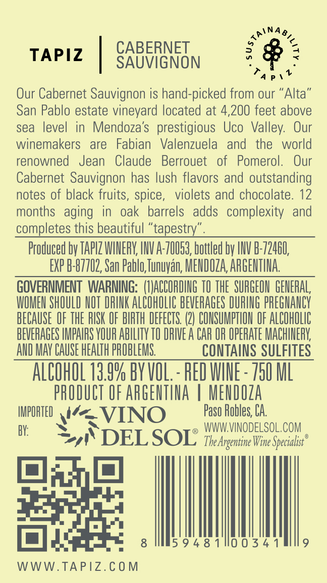 Alta Collection Cabernet Sauvignon Back Label