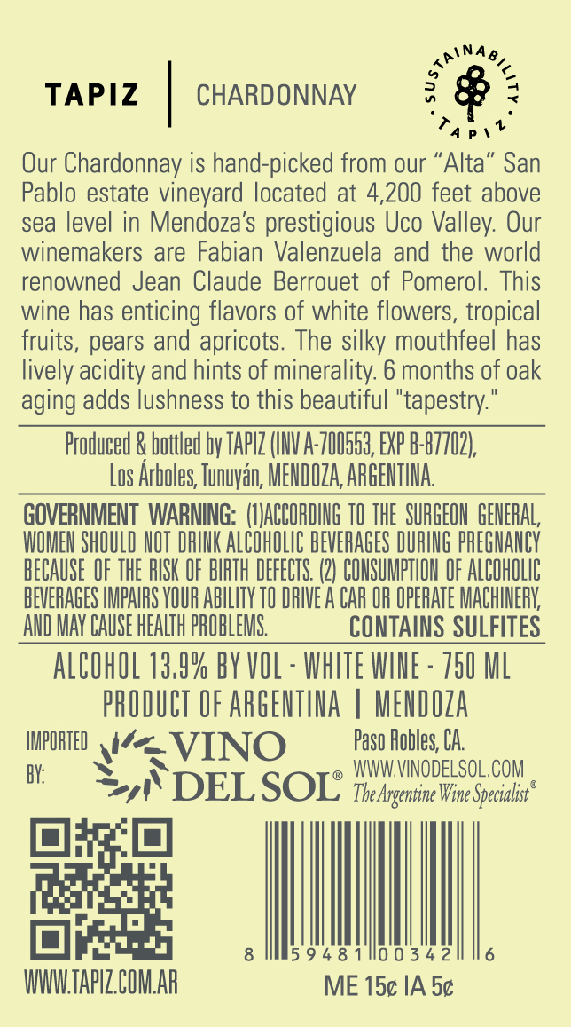 Alta Collection Chardonnay Back Label