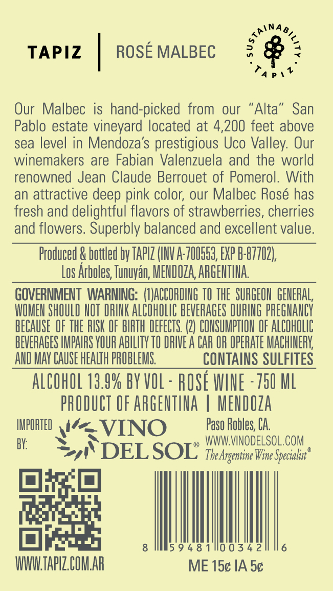 Alta Collection Malbec Rosé Back Label