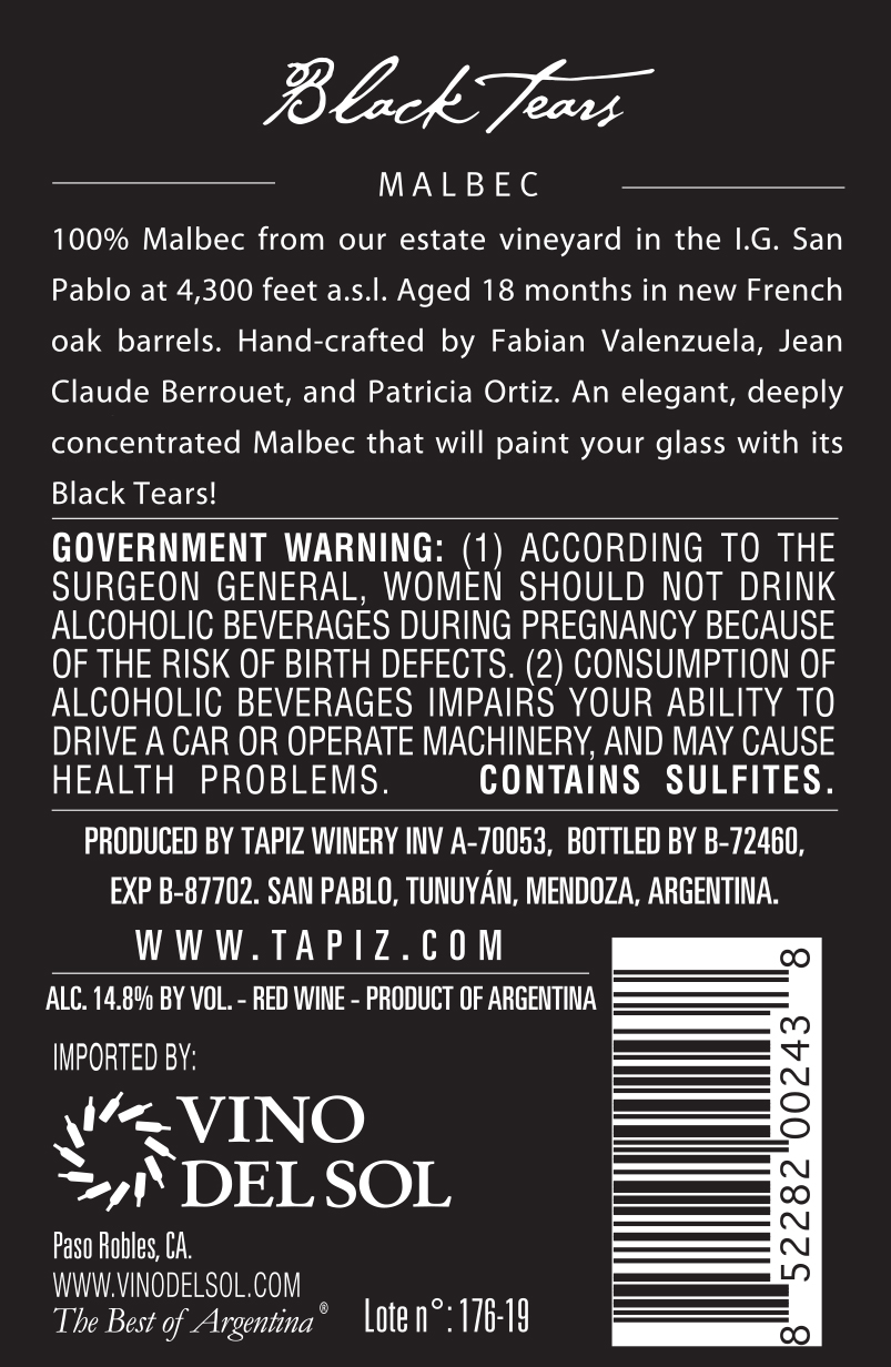 Black Tears Back Label