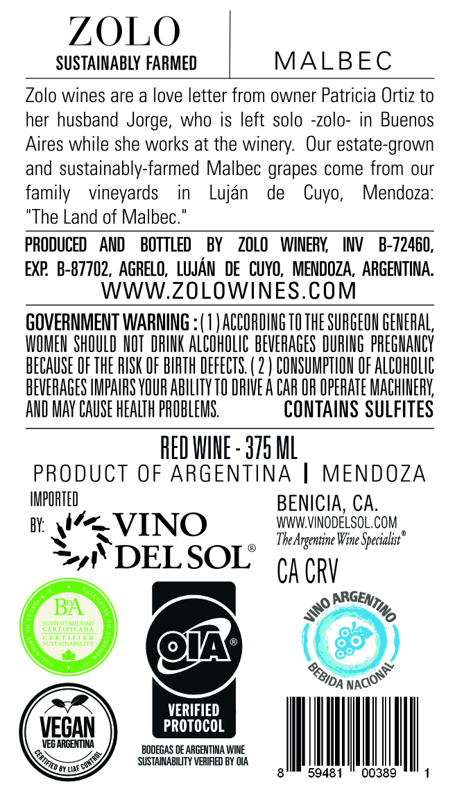 Malbec 375ml Back Label