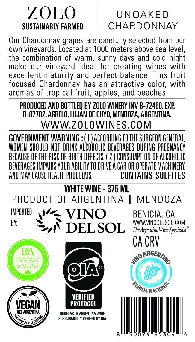 Chardonnay 375ml Back Label