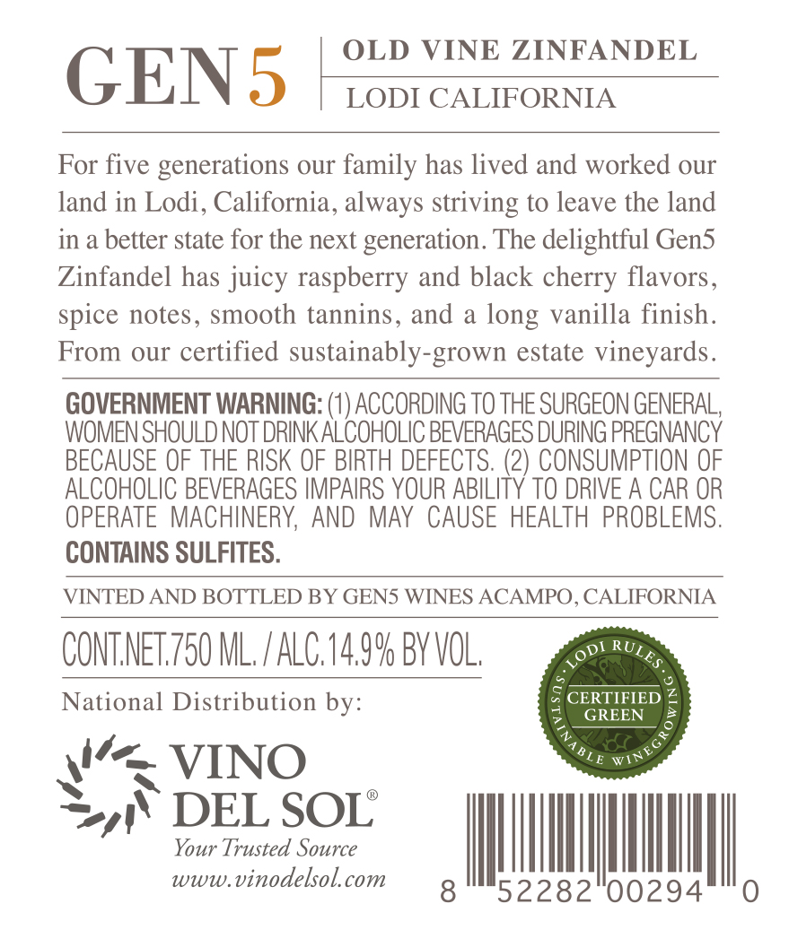 Old Vine Zinfandel Back Label