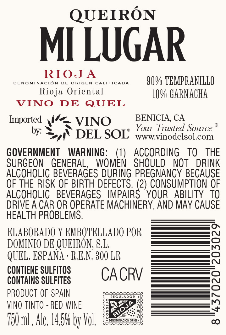 Mi Lugar Tempranillo Back Label