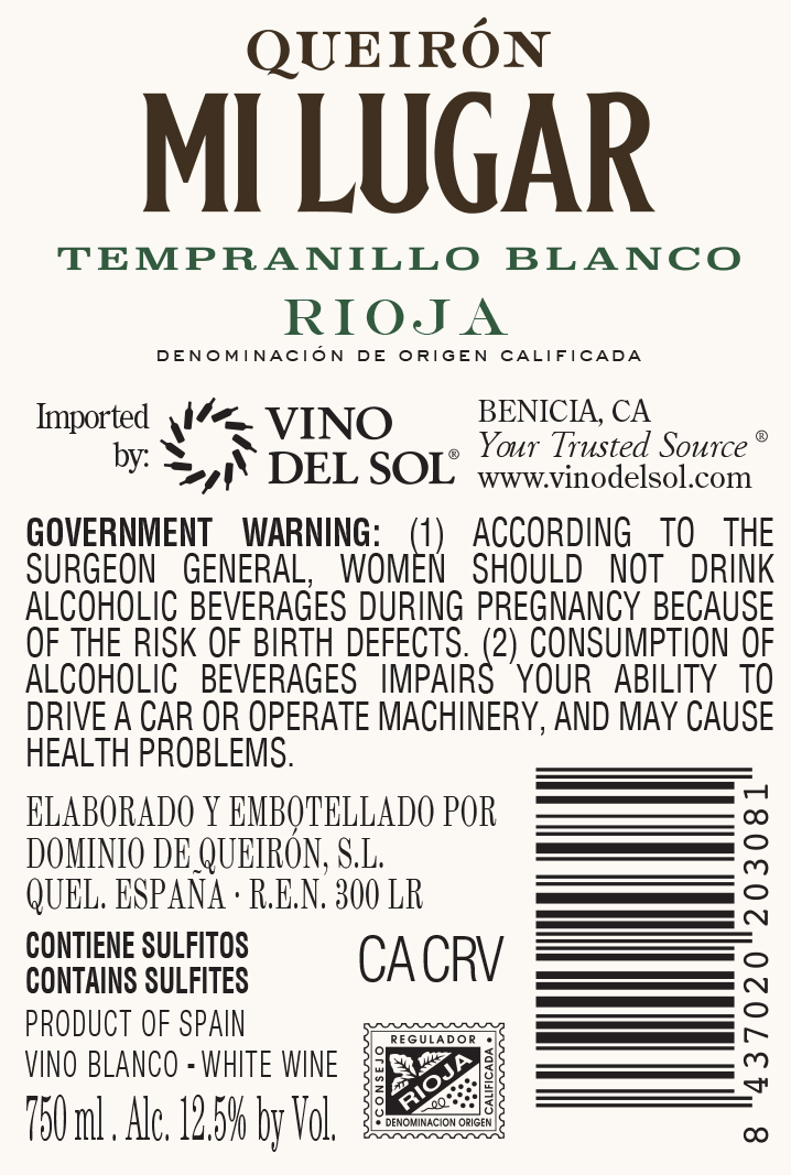 Mi Lugar Tempranillo Blanco Back Label